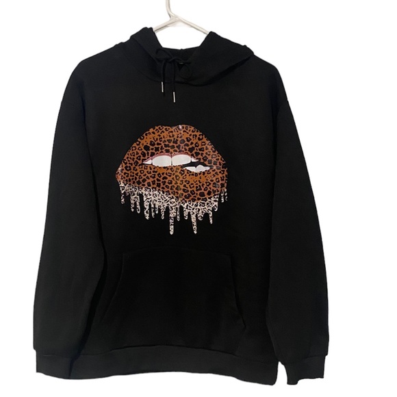 SHEIN Tops - SHEIN Women’s Leopard Drip Lip Hoodie Black Size Large